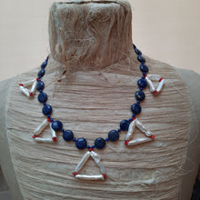 Freshwater pearl, lapis lazuli and coral necklace.