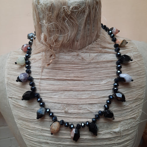 Quartz and haematite long necklace